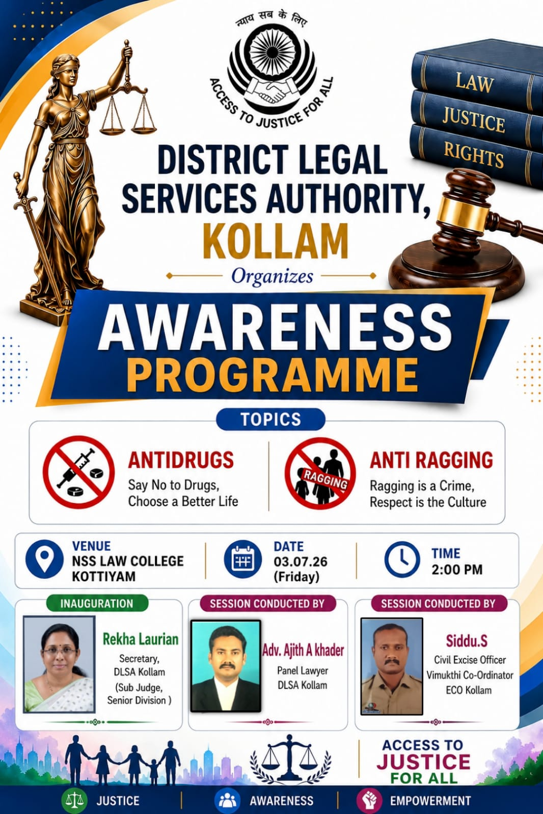 Official poster — District Legal Services Authority, Kollam Awareness Programme at NSS Law College, Kottiyam